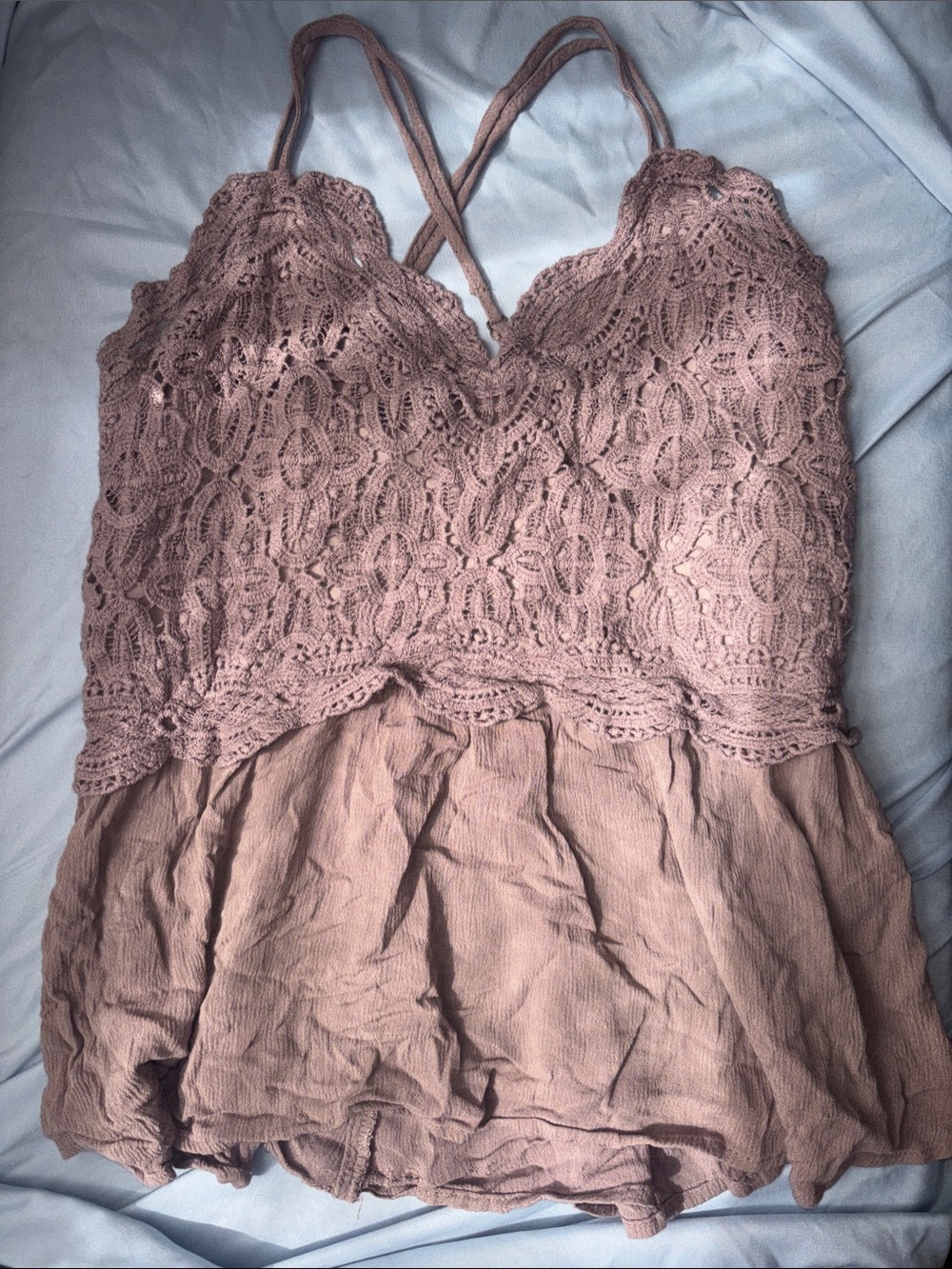 Maurices Mauve Crochet-Front criss cross strap Tank Top